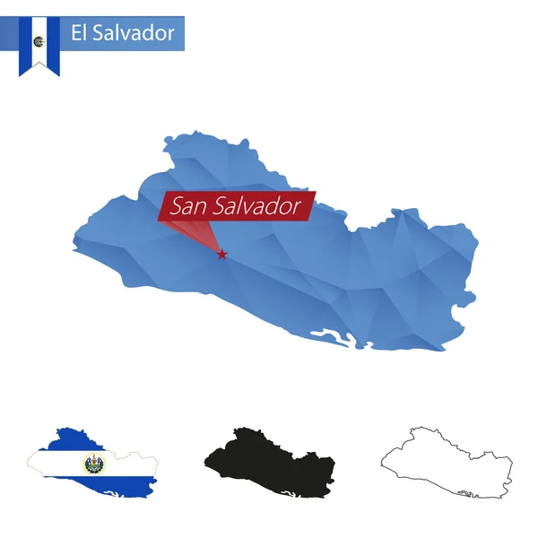 El Salvador blue Low Poly mapa con capital San Salvador . — Vector de stock