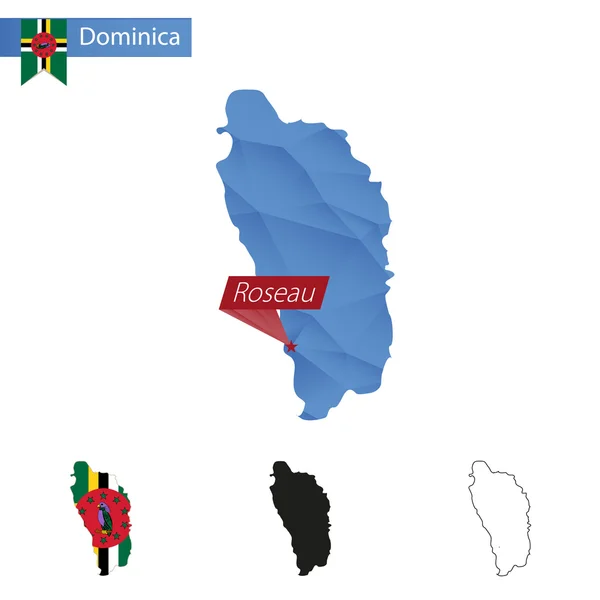 Dominica blue Low Poly mapa con capital Roseau . — Vector de stock