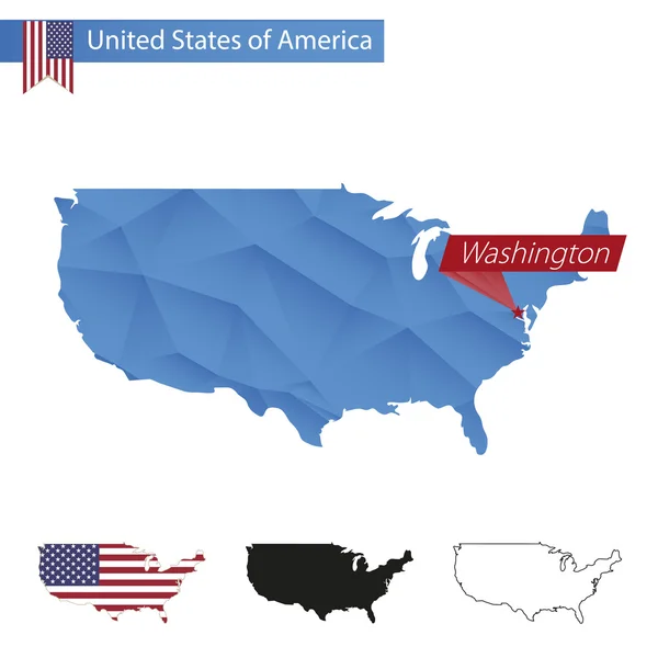 EUA mapa azul Low Poly com capital Washington . — Vetor de Stock