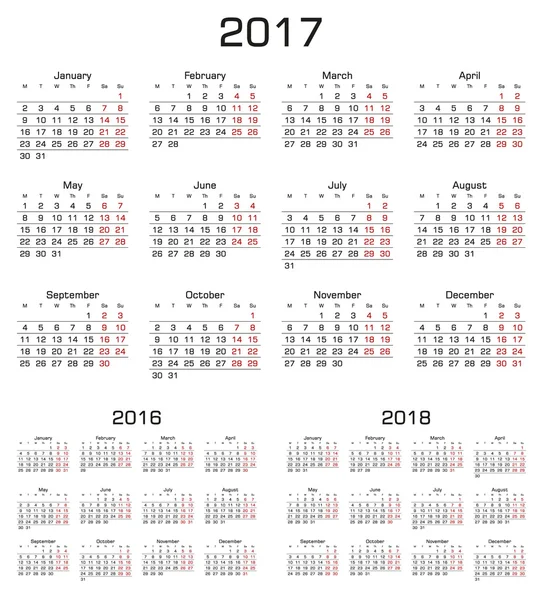 Simple Calendar 2017, 2016, 2018. Week starts from monday. — Stock Vector