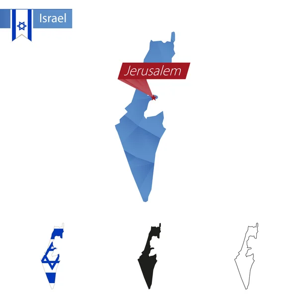 Israele blu Mappa Low Poly con capitale Gerusalemme . — Vettoriale Stock