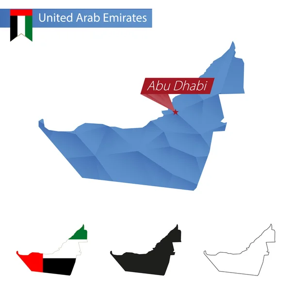 Emiratos Árabes Unidos azul Bajo Poli mapa con capital Abu Dhabi . — Vector de stock