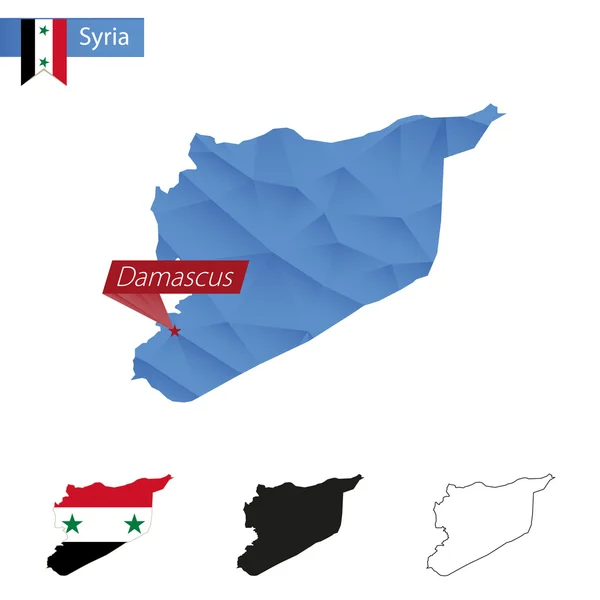 Siria cartina blu Low Poly con capitale Damasco . — Vettoriale Stock