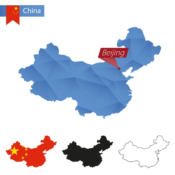 Kina blå låg Poly karta med huvudstaden Beijing. — Stock vektor