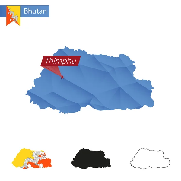 Bhoutan bleu Low Poly carte avec la capitale Thimphu . — Image vectorielle
