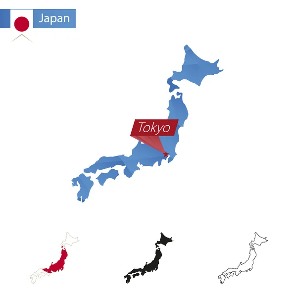 Japón azul Bajo Poly mapa con capital Tokio . — Archivo Imágenes Vectoriales