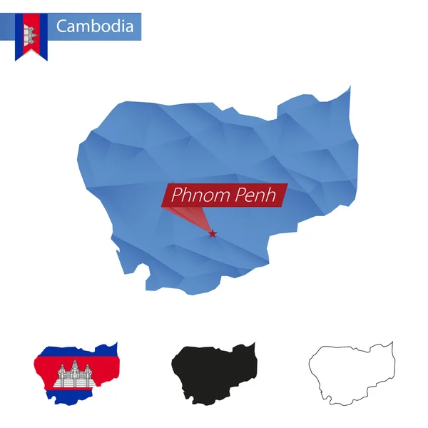Camboya azul Bajo Poly mapa con capital Phnom Penh . — Vector de stock
