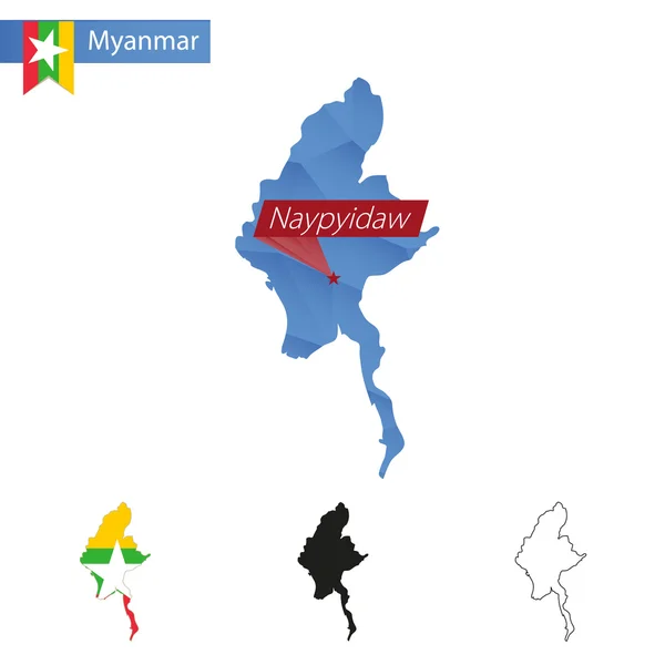 Голубая карта Мьянмы Низкий поли со столицей Найпьидо . — стоковый вектор