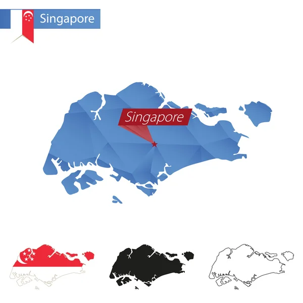 Singapore blaue Low-Poly-Karte mit Hauptstadt. — Stockvektor