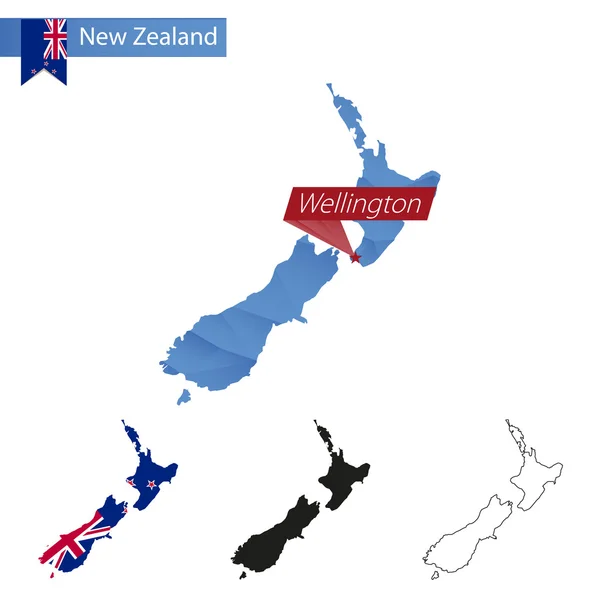 New Zealand blue Low Poly map with capital Wellington. — Stock Vector