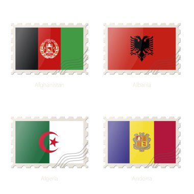Afganistan, Arnavutluk, Cezayir, Andorra bayrağı görüntü ile posta pulu.