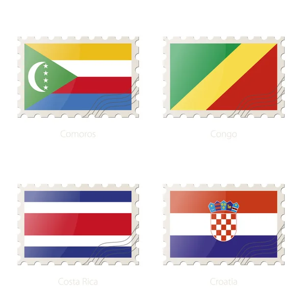 Postzegel met de afbeelding van de Comoren, Congo, Costa Rica, Kroatië-vlag. — Stockvector