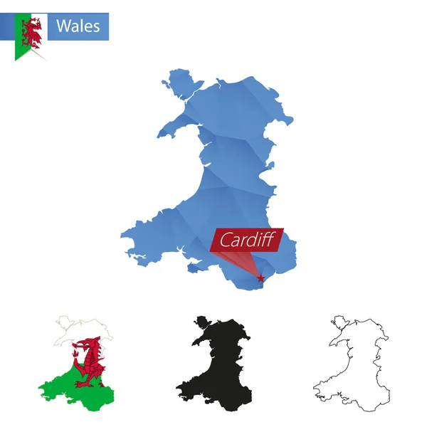 Pays de Galles bleu Poly carte avec capitale Cardiff . — Image vectorielle