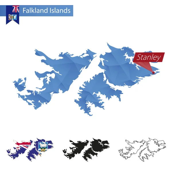 Başkent Stanley ile Falkland Adaları mavi Low Poly haritası. — Stok Vektör
