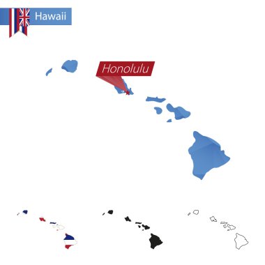 Hawaii eyaleti mavi Low Poly harita sermaye Honolulu ile.