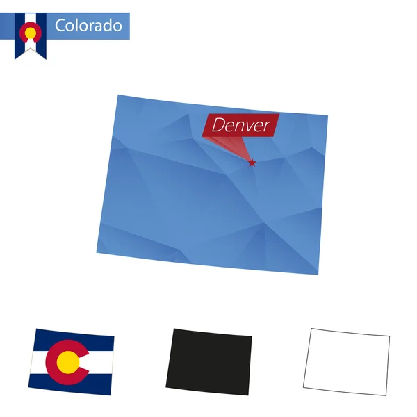 Estado de Colorado azul Bajo Mapa de Poly con capital Denver . — Archivo Imágenes Vectoriales