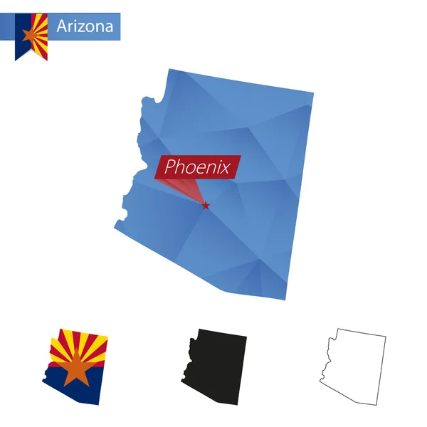 Staat Arizona blauwe laag poly kaart met hoofdstad Phoenix. — Stockvector