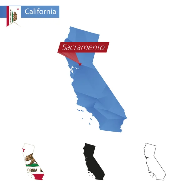 Estado de California azul Bajo Poly mapa con capital Sacramento . — Archivo Imágenes Vectoriales