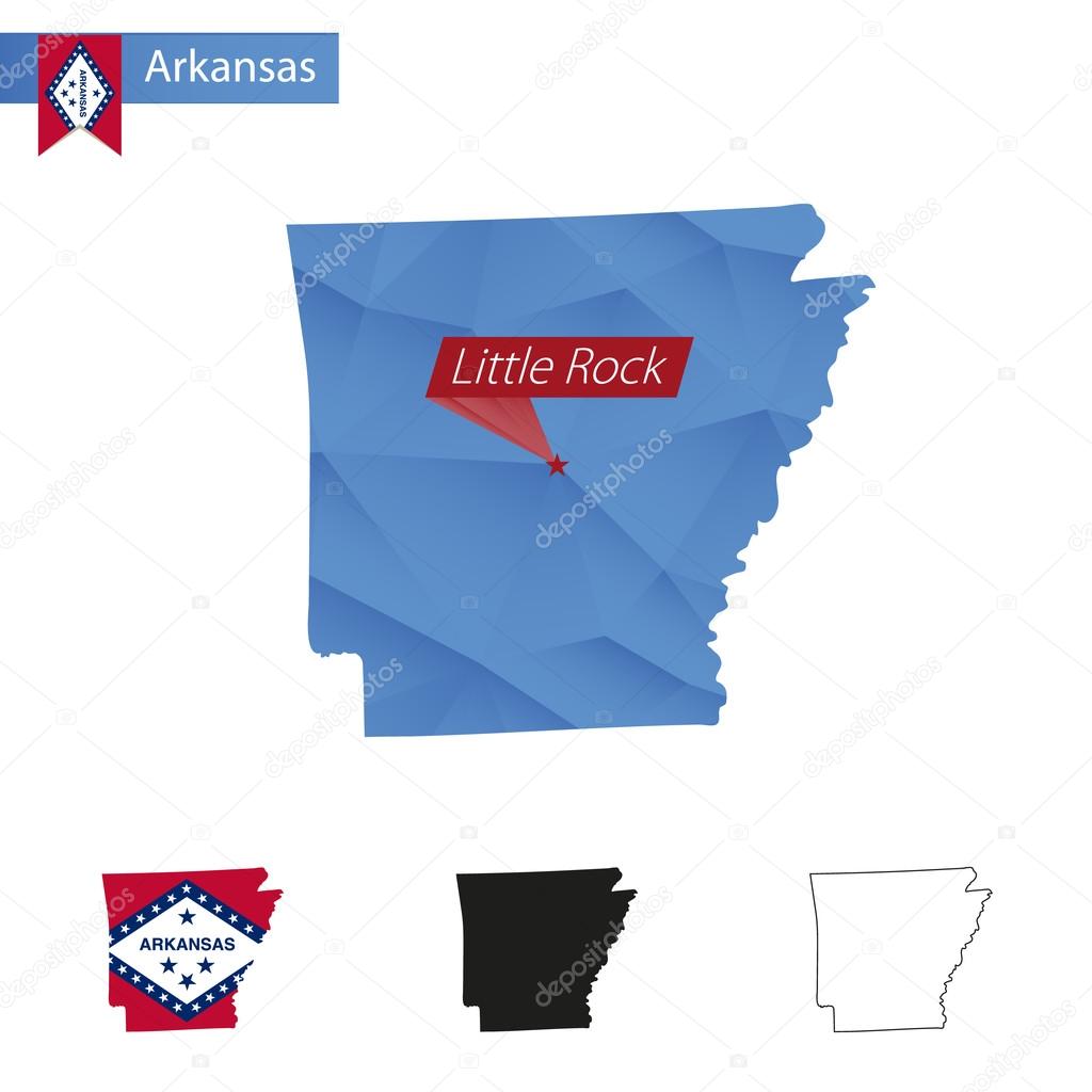State of Arkansas blue Low Poly map with capital Little Rock.