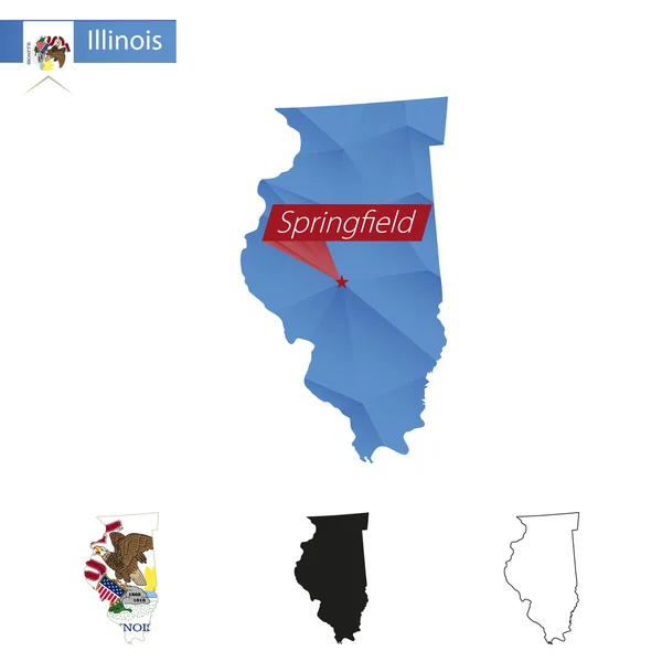 Estado de Illinois azul Bajo Mapa polivinílico con capital Springfield . — Vector de stock