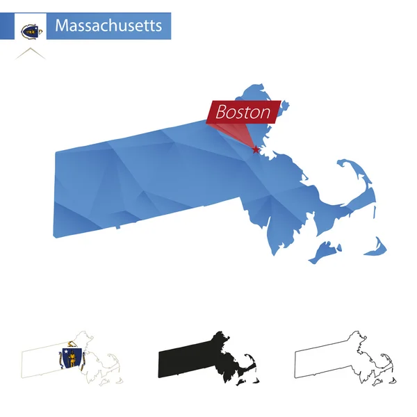 Estado de Massachusetts azul Low Poly mapa con capital Boston . — Vector de stock