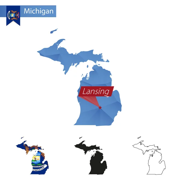 Michigan Eyaleti mavi düşük Poli harita Lansing Capital ile. — Stok Vektör