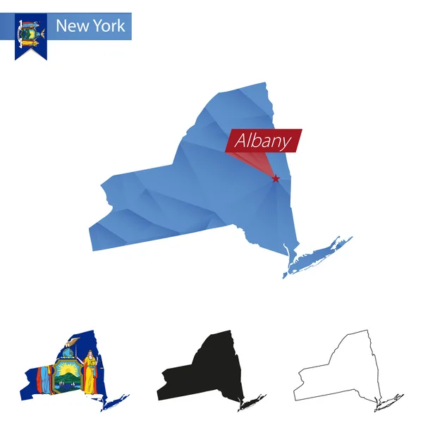 Mapa státu New York modré Low Poly s kapitálem Albany. — Stockový vektor