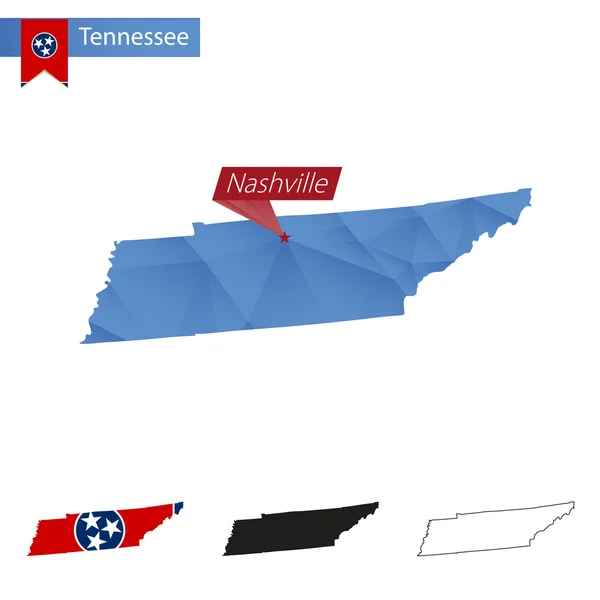 Estado do Tennessee mapa azul de Low Poly com a capital Nashville . — Vetor de Stock