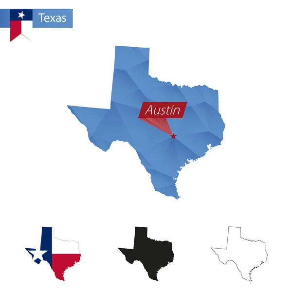 Estado de Texas azul Bajo Mapa de Poly con capital Austin . — Vector de stock