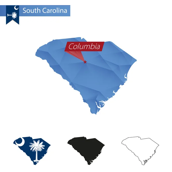 State of South Carolina bleu Poly carte basse avec la capitale Columbia . — Image vectorielle