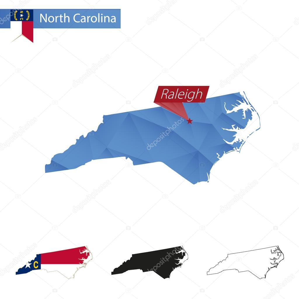 State of North Carolina blue Low Poly map with capital Raleigh.