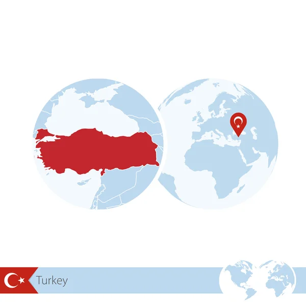 Turecko na zeměkoule s vlajkou a regionální Mapa Turecka. — Stockový vektor
