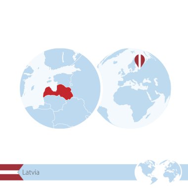 Letonya bayrağı ve bölgesel Letonya Haritası ile dünya dünya üzerinde.