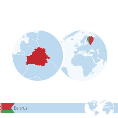 Belarus on world globe with flag and regional map of Belarus. clipart