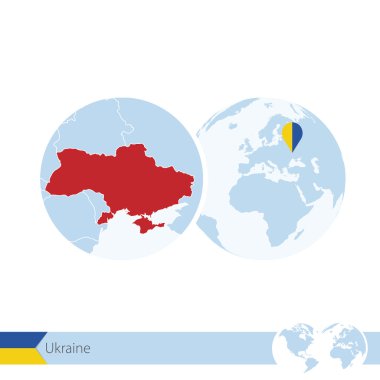 Ukraine on world globe with flag and regional map of Ukraine. clipart