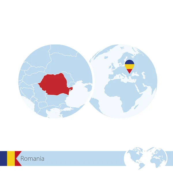 Rumania en el mundo con bandera y mapa regional de Rumania . — Archivo Imágenes Vectoriales