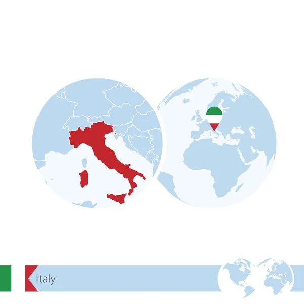 Italië op de wereldbol met vlag en regionale kaart van Italië. — Stockvector