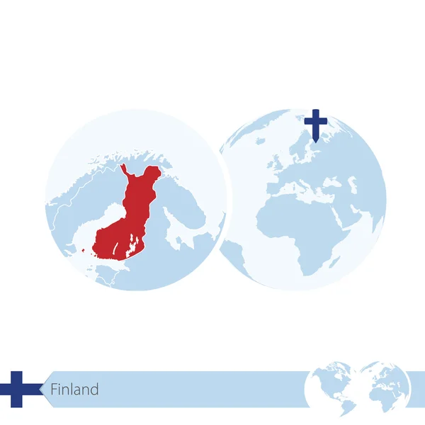 Finsko zeměkoule s vlajkou a regionální mapa Finska. — Stockový vektor