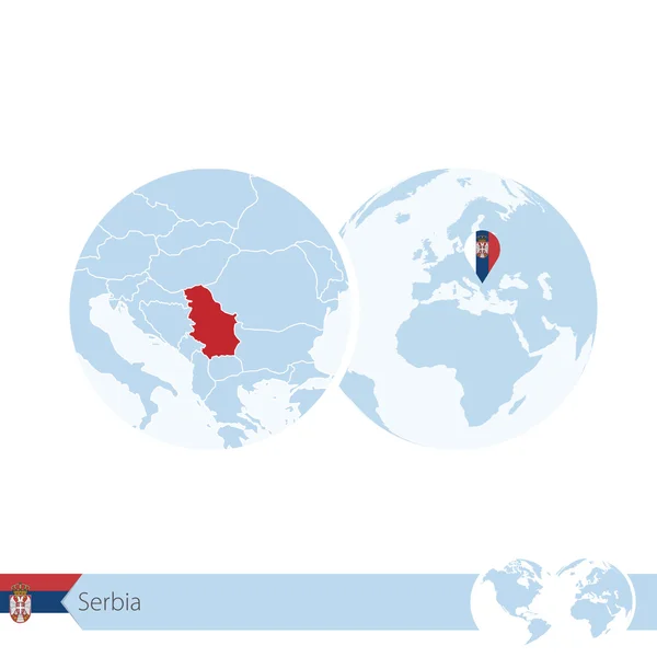 Srbsko zeměkoule s vlajkou a regionální mapa Srbska. — Stockový vektor