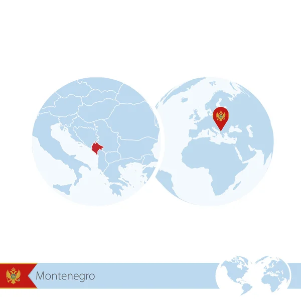 Montenegro en el mundo con bandera y mapa regional de Montenegro . — Vector de stock