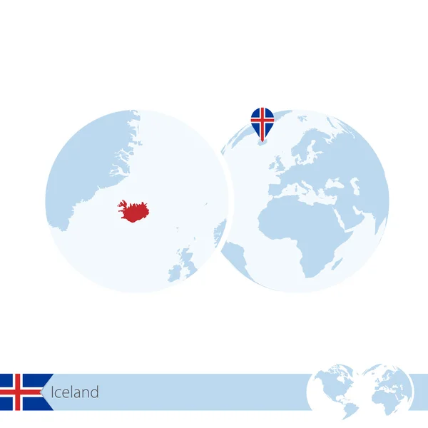 Island zeměkoule s vlajkou a regionální Mapa Islandu. — Stockový vektor