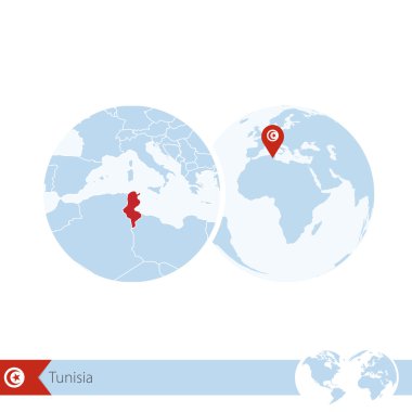Tunus dünya Globe bayrak ve bölgesel Tunus Haritası.