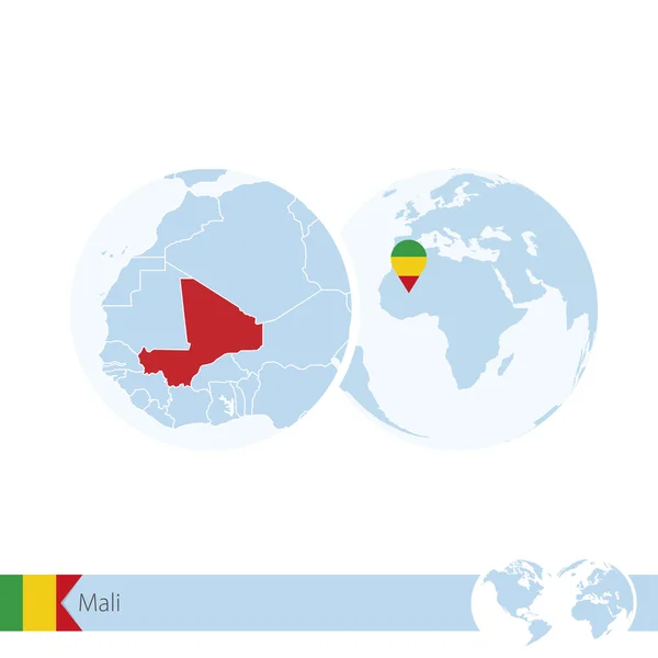 Mali dünya Globe bayrak ve bölgesel Mali Haritası. — Stok Vektör