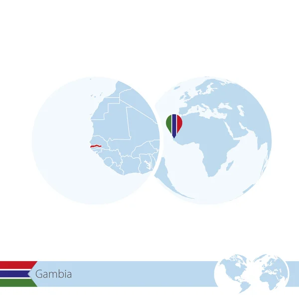 Gambia on world globe with flag and regional map of Gambia. — Stockový vektor