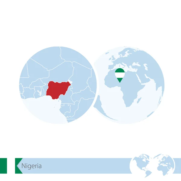 Nigeria en el mundo con bandera y mapa regional de Nigeria . — Vector de stock