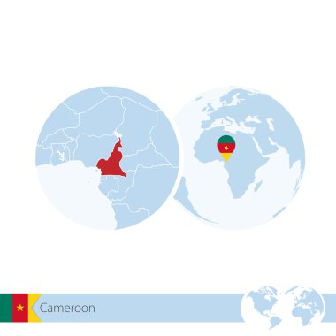 Kamerun bayrağı ve bölgesel Kamerun Haritası ile dünya küre hakkında.