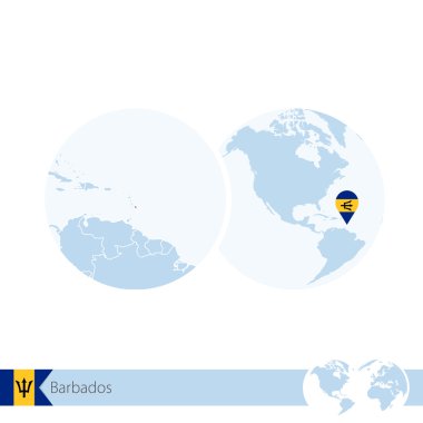 Barbados bayrağı ve bölgesel Barbados Haritası ile dünya dünya üzerinde.
