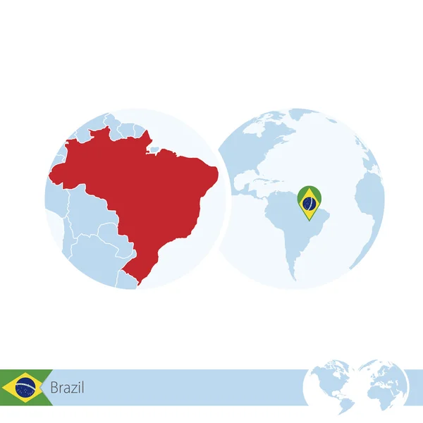 Brazil on world globe with flag and regional map of Brazil. — Stockový vektor