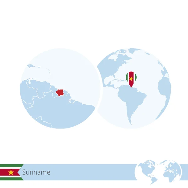 Suriname on world globe with flag and regional map of Suriname. — Stockový vektor