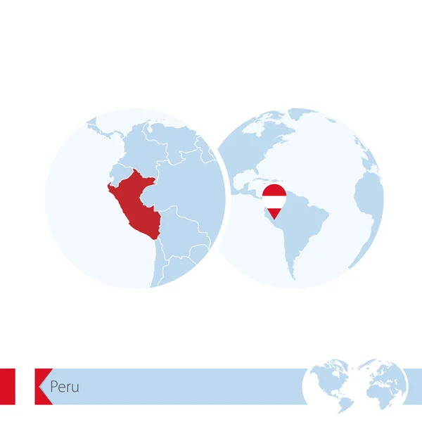 Peru em globo mundial com bandeira e mapa regional do Peru . — Vetor de Stock